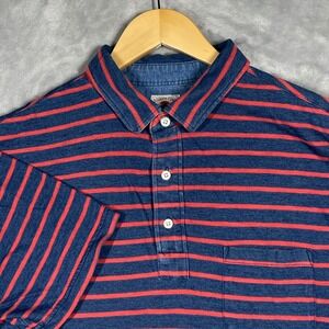 Faherty Brand Mens Large Indigo Dyed Striped Polo Shirt Blue Red Cotton Pocket